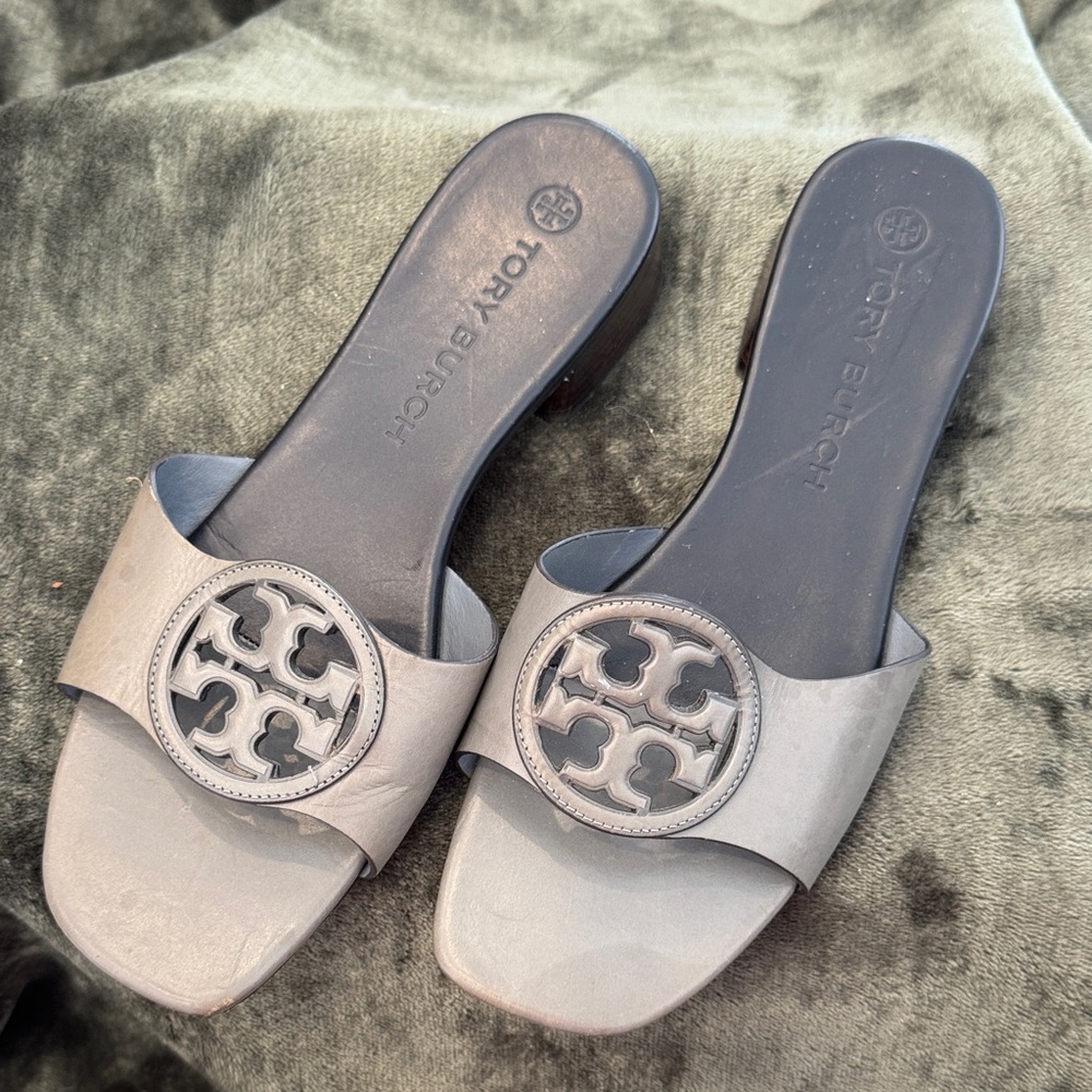 Tory Burch Slate Gray Slide Sandals